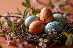 AI generated Nest with colorful Easter eggs and spring flowers on a peach colored background photo