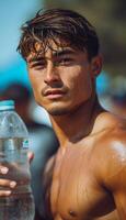 AI generated Latino Sprinter Drinking Isotonic Water after Exercise photo