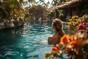 ai generado joven hermosa niña descansando y relajante por el piscina en el zona tropical foto