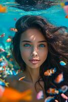 AI generated Beautiful woman with long black hair swimming in the red sea with colorful fish and corals photo