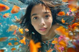 AI generated Beautiful woman with long black hair swimming in the red sea with colorful fish and corals photo