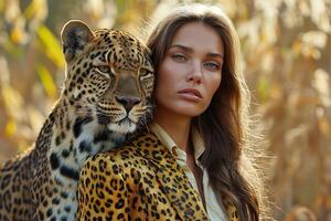 ai generado minimalismo, un mujer en un leopardo impresión traje soportes siguiente a un leopardo foto