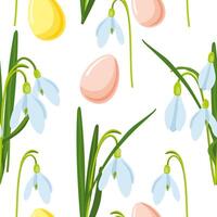 vector illustration of Easter theme, seamless pattern with bouquet of spring flowers snowdrops and multicolor pastel Easter eggs, spring party illustration on white background