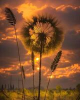 a dandelion with a sunset in the background photo