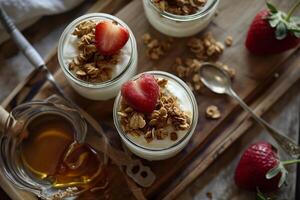 AI generated Yogurt in the shape of a heart. Serve with honey and granola photo