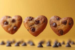 ai generado chocolate chip galletas altísimo en un amarillo lona foto