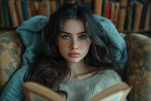 AI generated adolescent girl rests cozily in an armchair, engrossed in a captivating book photo