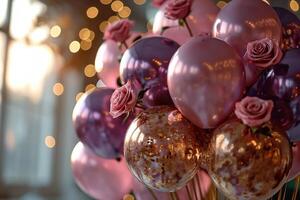 AI generated rose gold and gold foil balloons with roses. Copy space photo