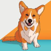 Hand-Drawn Smiling Cartoon Corgi with Yellow Bow Sitting on the Ground vector