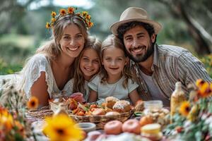 ai generado foto de un familia disfrutando un picnic en el parque, con un vistoso cobija y trata