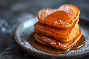 AI generated stack of heart-shaped pancakes with honey on a plate. View from above. Served on the kitchen table for breakfast photo