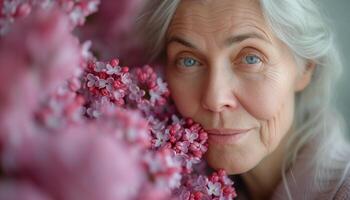 ai generado alegre mayor mujer disfrutando el fragancia de lilas foto