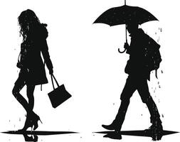 AI generated Silhouette woman and man with umbrella black color only full body vector