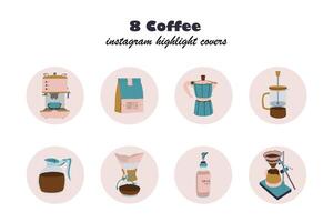 Set of coffee round icons. Coffee drinks, coffee pot, package, grinder, filter, french press, machine and other. Highlights coffee collection. Hand drawn vector illustration