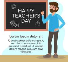 A teacher teaching in front of the blackboard. Happy teachers day text. vector