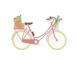 Bicycle as ecological city transport with grocery bag in basket, bunch of flowers, smartphone, bottle of water. Cartoon vector