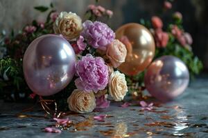 AI generated rose gold and gold foil balloons with roses. Copy space photo