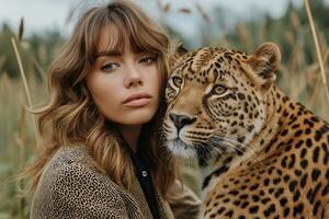 ai generado minimalismo, un mujer en un leopardo impresión traje soportes siguiente a un leopardo foto