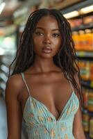 ai generado hermosa africano americano mujer con largo pelo vistiendo un vestir en un tienda de comestibles Tienda en America, 2020 foto