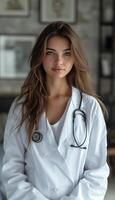 AI generated Woman in White Lab Coat Looking at Camera with Copy Space photo