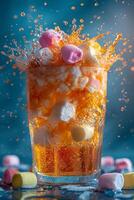 AI generated creative cocoa of different colors in glass with marshmallows with different splashes in dynamics on a blue simple background photo