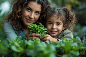 ai generado mamá y su hija son ocupado con plántulas jardinería en primavera foto