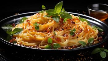 ai generado Fresco pasta con tomate salsa, parmesano queso, y hierbas generado por ai foto