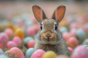 ai generado Conejo en un campo lleno con de colores pequeño Pascua de Resurrección huevos foto