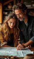 ai generado hombre y mujer revisando construcción planes foto