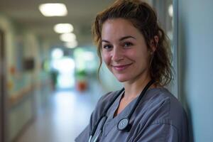 ai generado retrato de un mujer acerca de 30 años antiguo en un gris enfermero uniforme en un hospital foto