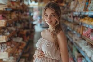 AI generated pregnant woman in a light summer dress in a baby store photo