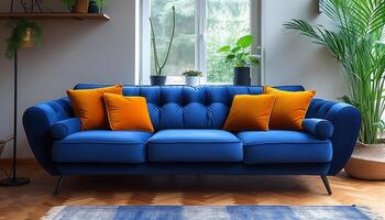 ai generado elegante hogar interior azul sofá y brillante amarillo almohadas foto