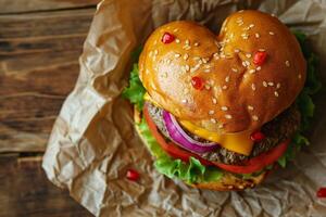 AI generated Homemade heart shaped hamburger with beef, tomato and lettuce on wooden background photo