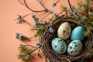 AI generated Nest with colorful Easter eggs and spring flowers on a peach colored background photo
