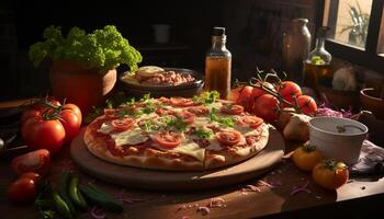 AI generated Fresh homemade pizza on rustic wooden table, a gourmet delight generated by AI photo