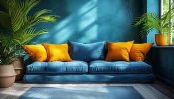 AI generated Stylish Home Interior Blue Sofa and Bright Yellow Pillows photo