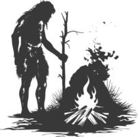 AI generated Silhouette ancient caveman in front bonfire black color only full body vector