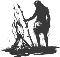 AI generated Silhouette ancient caveman in front bonfire black color only full body vector