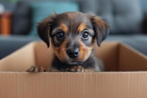 AI generated An open box with a cute puppy peeking out. Classic living room interior in the background photo