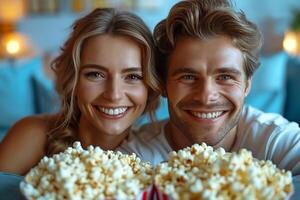 AI generated man and woman watching TV, sitting on sofa in blue living room, eating popcorn photo