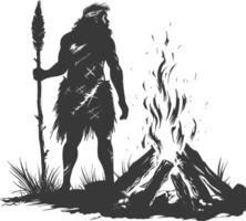 AI generated Silhouette ancient caveman in front bonfire black color only full body vector