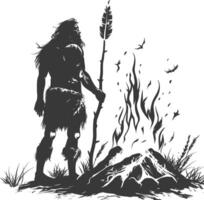 AI generated Silhouette ancient caveman in front bonfire black color only full body vector