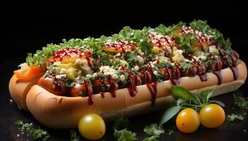 AI generated Grilled meat, gourmet beef, freshness on a plate, hot dog generated by AI photo