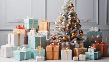 ai generado regalo caja decoración Navidad árbol, invierno fondo, brillante, lindo, envuelto generado por ai foto