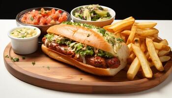 AI generated Grilled meat sandwich on wooden plate, fresh and ready to eat generated by AI photo