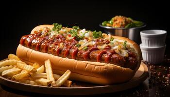 ai generado A la parrilla carne de res, caliente perro, papas fritas americano cultura insalubre almuerzo generado por ai foto