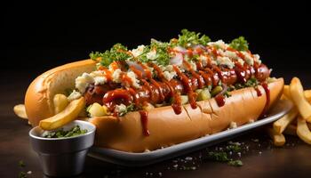 AI generated Grilled beef hot dog with fries, a delicious American lunch generated by AI photo