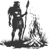 AI generated Silhouette ancient caveman in front bonfire black color only full body vector