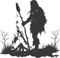 AI generated Silhouette ancient caveman in front bonfire black color only full body vector