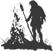 AI generated Silhouette ancient caveman in front bonfire black color only full body vector